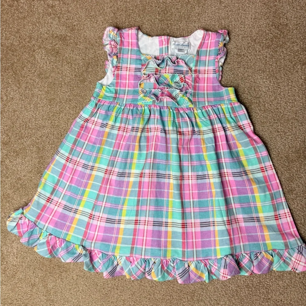 Ralph Lauren Baby Girls‎ Plaid Dress 24M Pink Ruffle Cotton Pony Logo